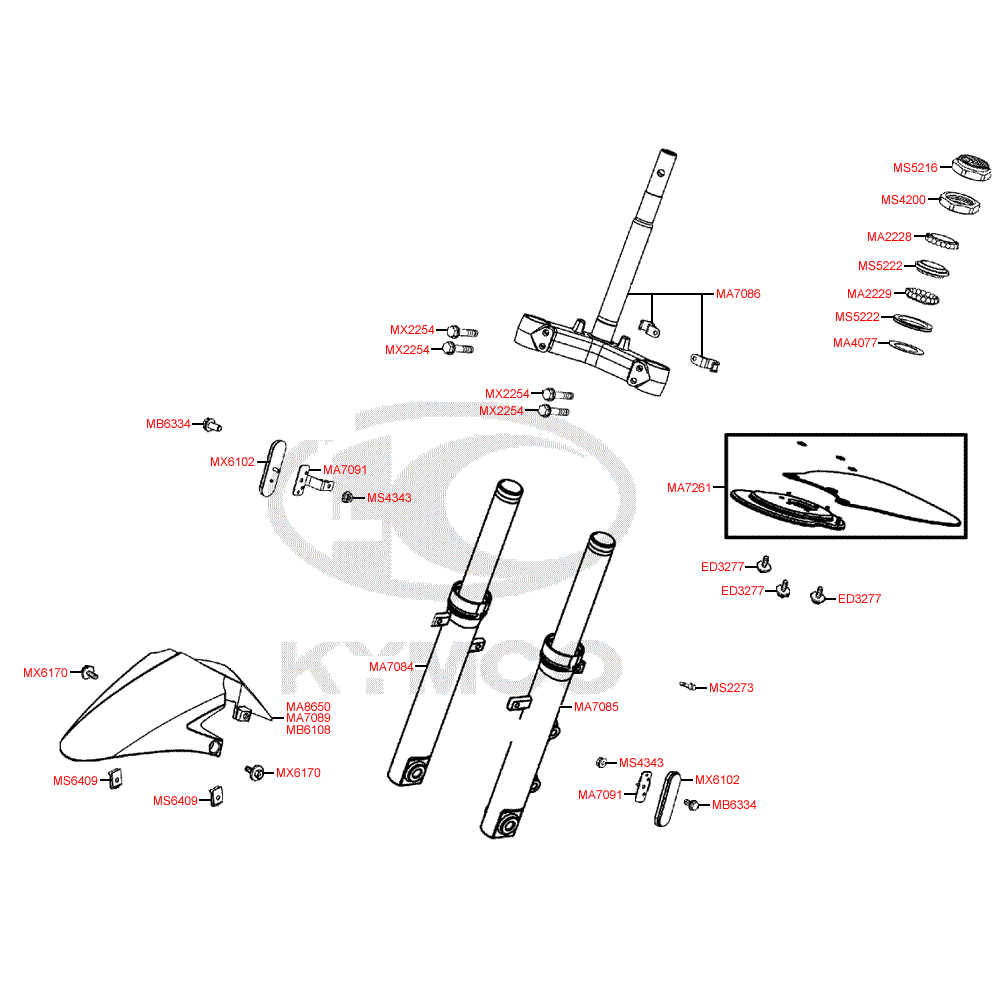 F06 Vidlice, vidlicový můstek, ložisko, přední blatník pro Kymco Super 8 125 [LC2U82000] (KL25CA) KC125T-B