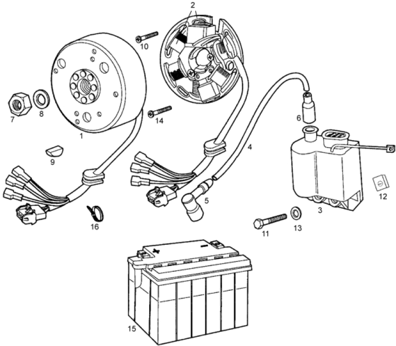 T10 Magneto dobíjení, zapalovací cívka, baterie - Gilera RCR Enduro 50ccm EBS (1998 - 2005)