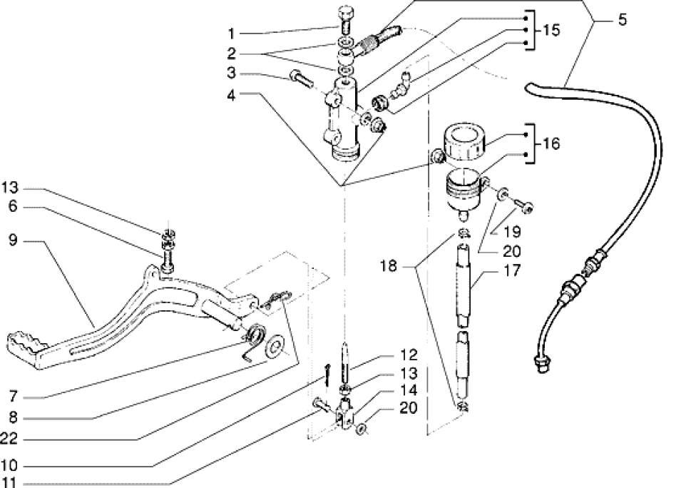 T30 Zadní brzda, brzdový pedál, hlavní brzdový válec a nádobka brzdové kapaliny - Gilera RK 50ccm (VTBC08000...)