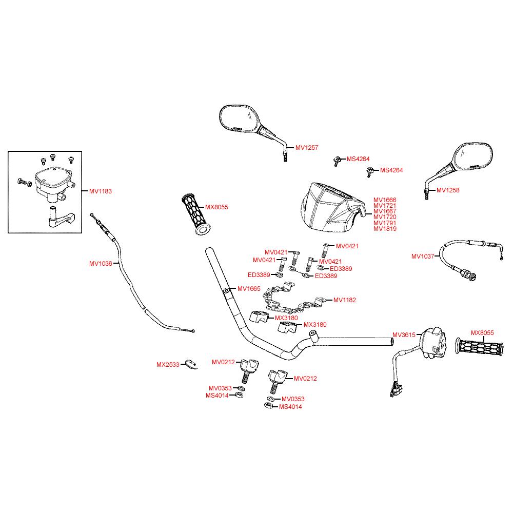 F03 Gripy / Zrcátka / Řidítka / Přední kapotáž - Kymco MXU 250