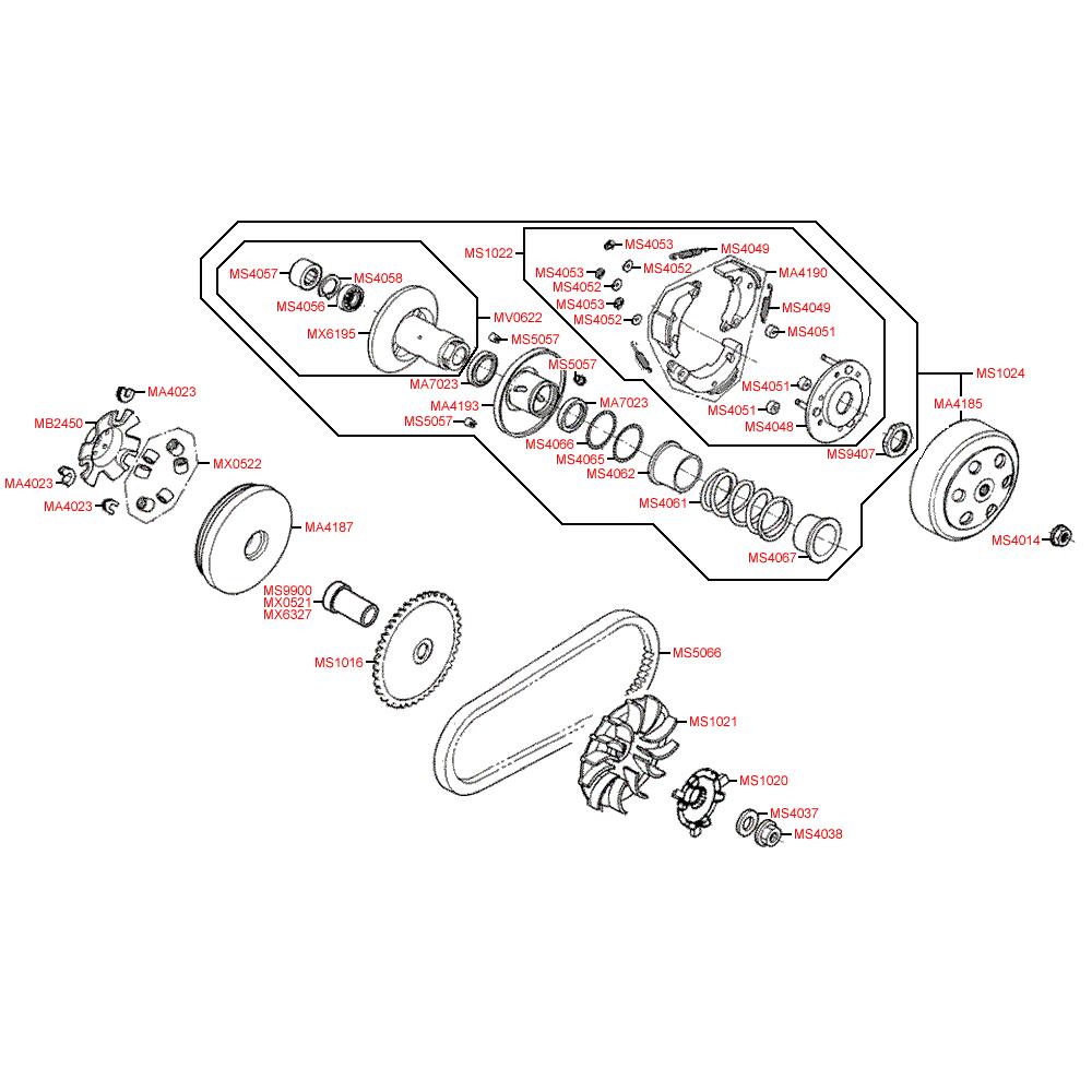 E06 Spojka / variátor / řemen variátoru - Kymco Agility 50 Basic 4T KD10SH