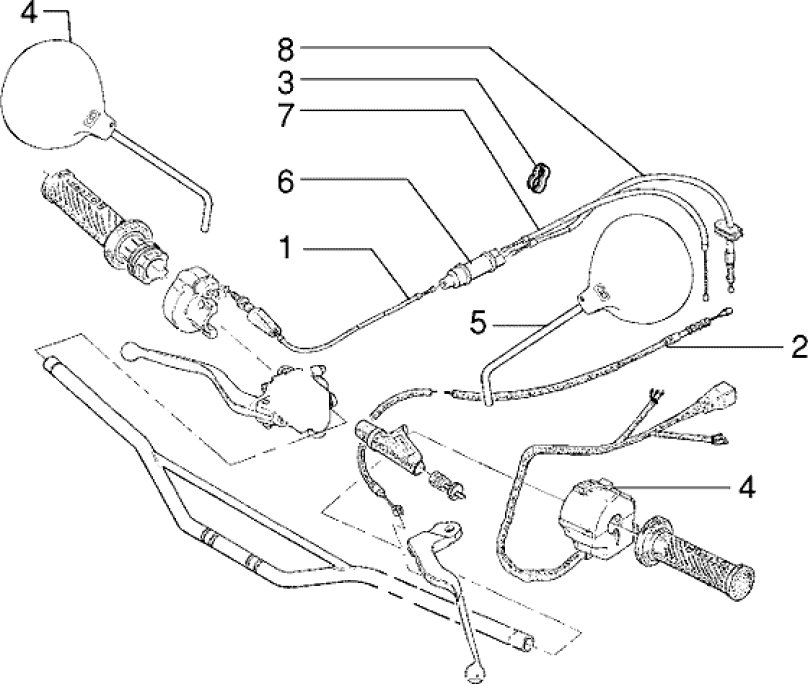 T34 Ovládací lanka, přepínače, zrcátka - Gilera H@K Enduro 50ccm Morini do 2005 (VTBC08000...)