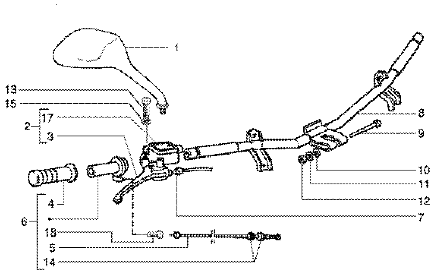 T38 Řidítka, pravá rukojeť, zrcátko, brzdová páčka - Gilera Runner 50 Poggiali do roku 2005 (ZAPC36200...)