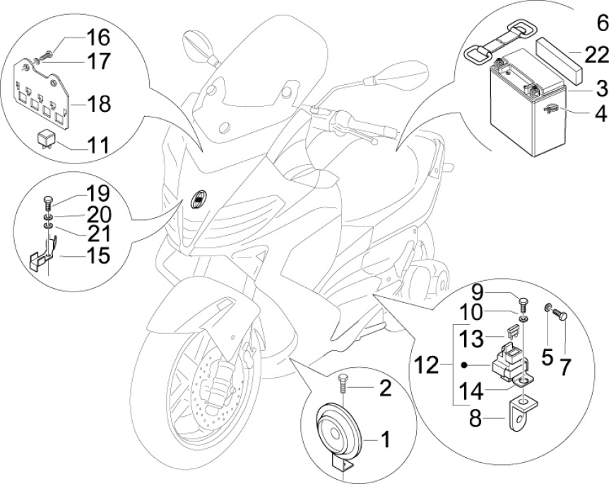 6.05 Baterie, houkačka, relé - Gilera Nexus 500 4T LC 2009-2011 (ZAPM35200)