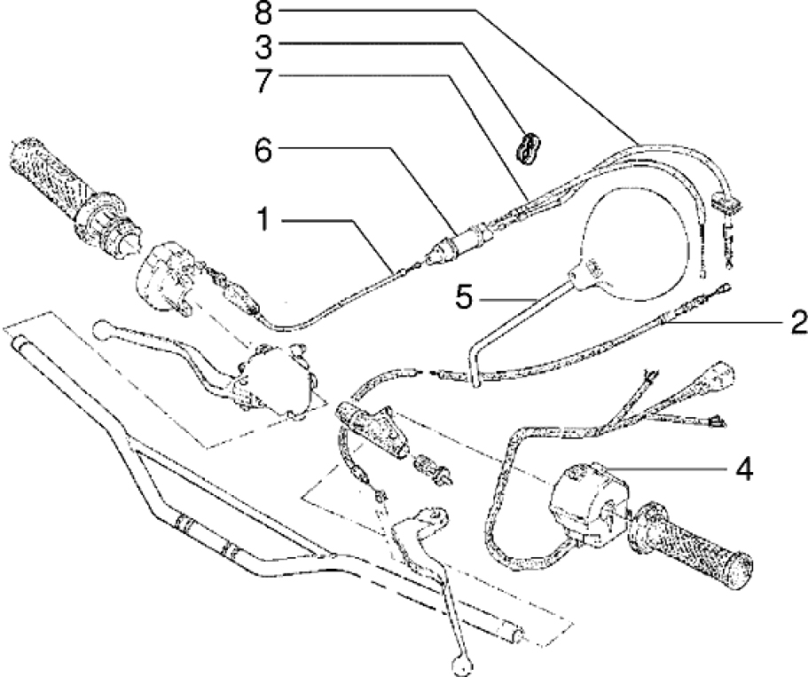 T33 Plynové lanko, zrcátko, přepínač světel - Gilera RK 50 (VTBC 08000 0001001)