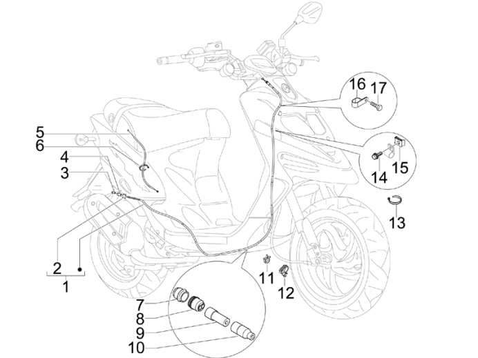 5.03 Brzdové lanko, rozdělovač, lanko plynu - Gilera Stalker 50 Naked 2008 (UK - ZAPC40102)