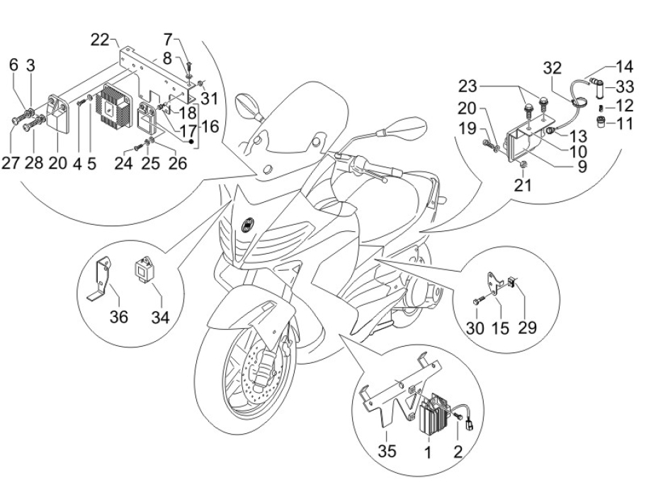 6.06 Regulátor napětí, zapalovací cívka a kabel - Gilera Nexus 500 4T LC 2006 UK (ZAPM35200)