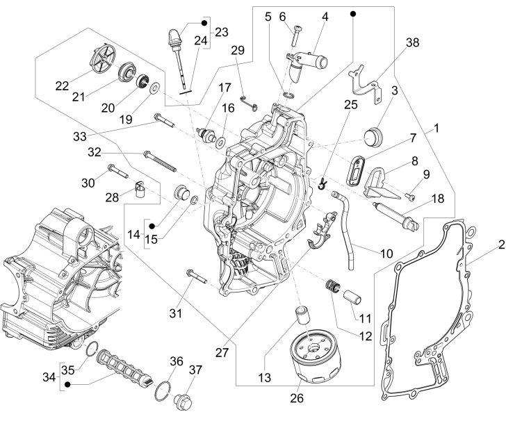 1.23 Kryt magneta dobíjení a olejový filtr - Gilera Fuoco 500ccm 4T-4V ie E3 LT od 2013 (ZAPM83100...)