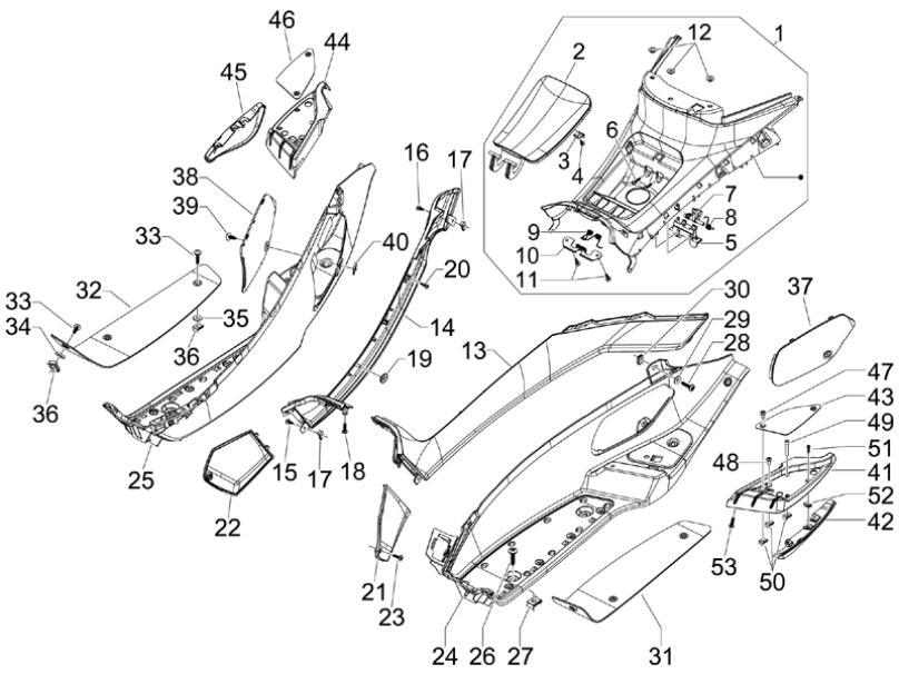 2.31 Středové plasty kapotáže, stupačky - Gilera Fuoco 500ccm 4T-4V ie E3 LT od 2013 (ZAPM83100...)