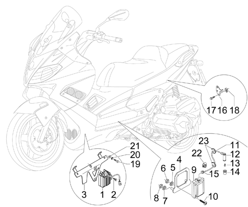 6.06 Regulátor napětí, zapalovací cívka a kabel - Gilera Nexus 125ie 4T LC 2009 (ZAPM35700)