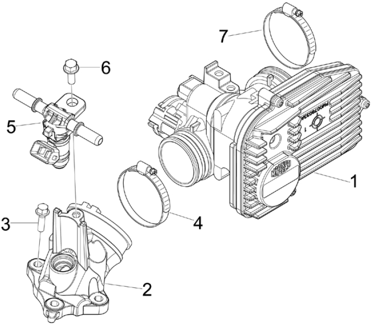 1.36 Škrtící klapka, vstřikovač - Gilera Nexus 300ie 4T LC 2009-2011 (ZAPM35600)