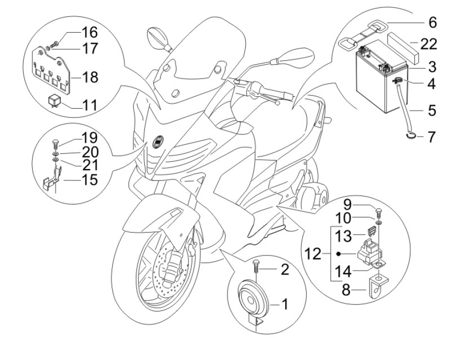 6.05 Baterie, houkačka, relé - Gilera Nexus 500 4T LC 2006-2008 (ZAPM35200)