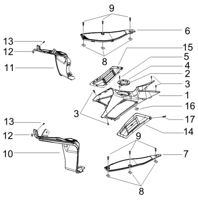 2.31 Středový plast, stupačky - Gilera Runner 125 "SC" VX 4T UK (ZAPM46100)