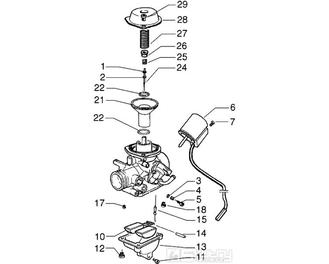 T19 Karburátor (jednotlivé díly) - Gilera DNA 180ccm 4T LC do 2005 (ZAPM26000...)