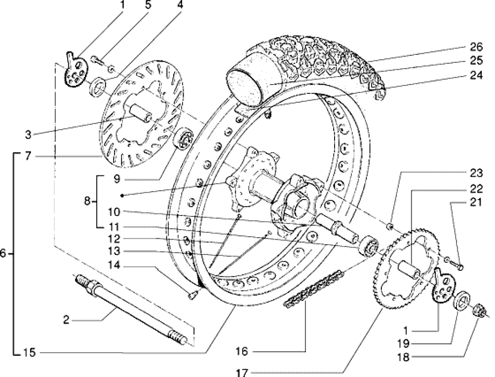 T35 Zadní kolo, brzdový kotouč - Gilera RK 50 (VTBC 08000 0001001)