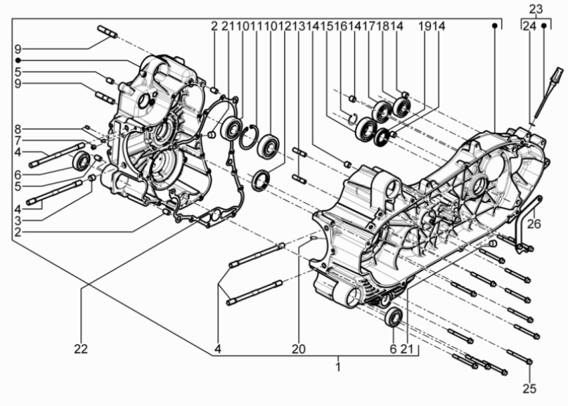 1.05 Skříň klikové hřídele - Gilera Fuoco 500ccm 4T-4V ie E3 LT od 2013 (ZAPM83100...)
