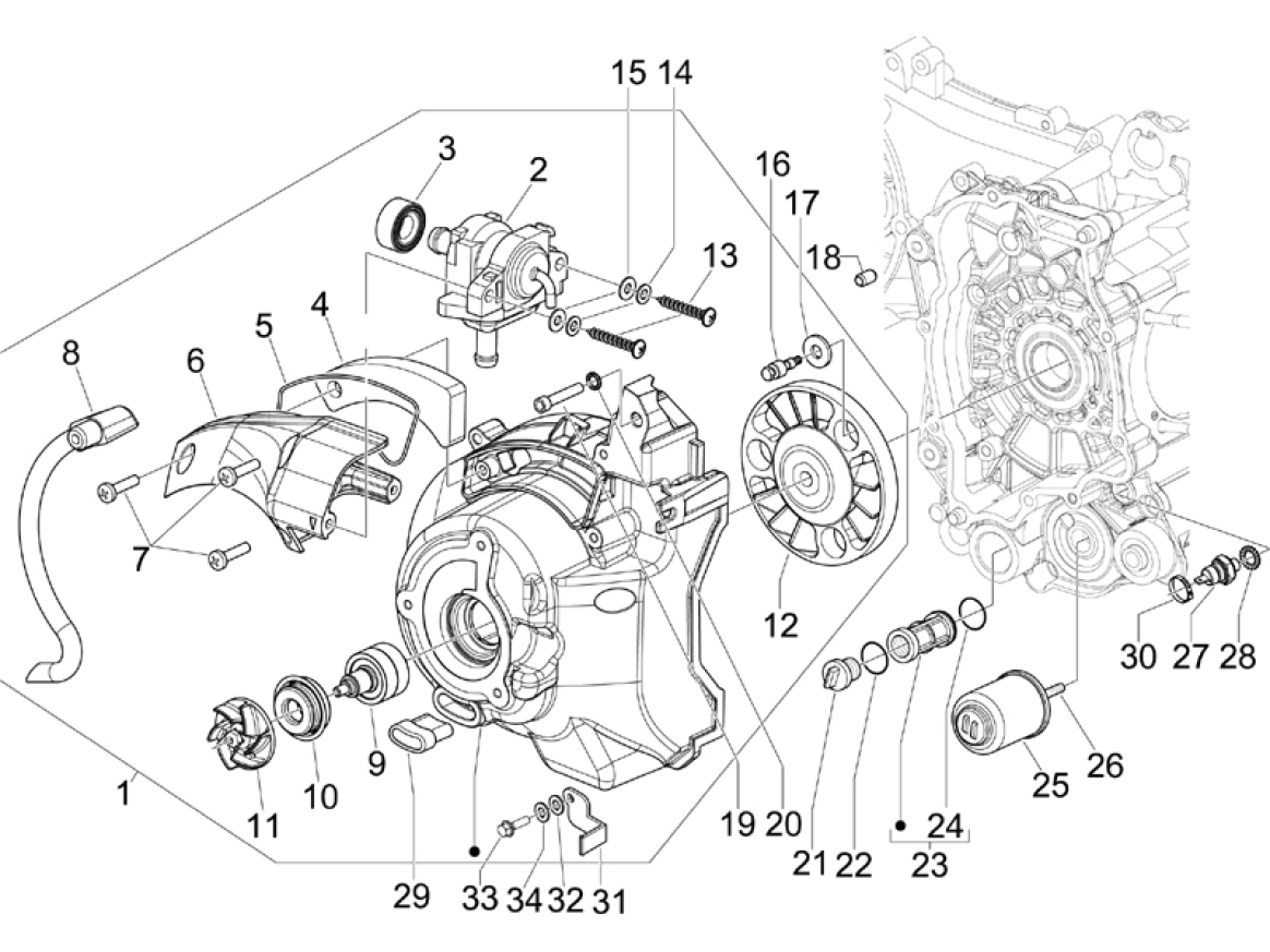 1.23 Kryt magneta dobíjení, olejový filtr - Gilera Runner 125 "SC" VX 4T 2006-2007 (ZAPM46100)