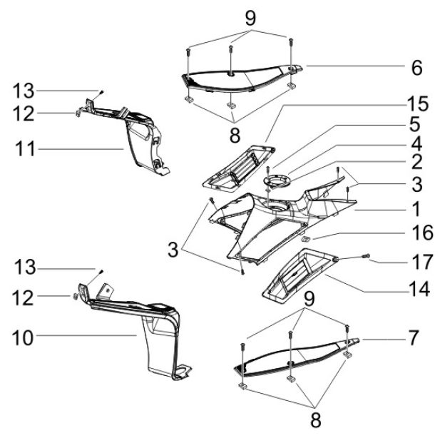 2.31 Středový plast, stupačky - Gilera Runner 125 VX 4T 2005-2006 UK (ZAPM46100)