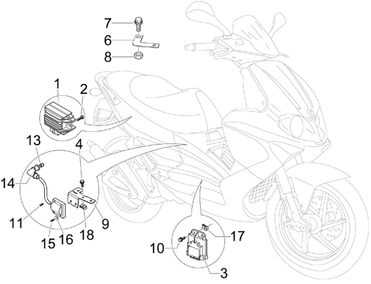 6.06 Regulátor napětí, zapalovací cívka a kabel - Gilera Runner 200 VXR 4T LC Race 2006 UK (ZAPM46200)