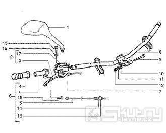 T38 Řidítka, pravá rukojeť, zrcátko, brzdová páčka - Gilera Runner 50 SP do roku 2005 (ZAPC36200...)