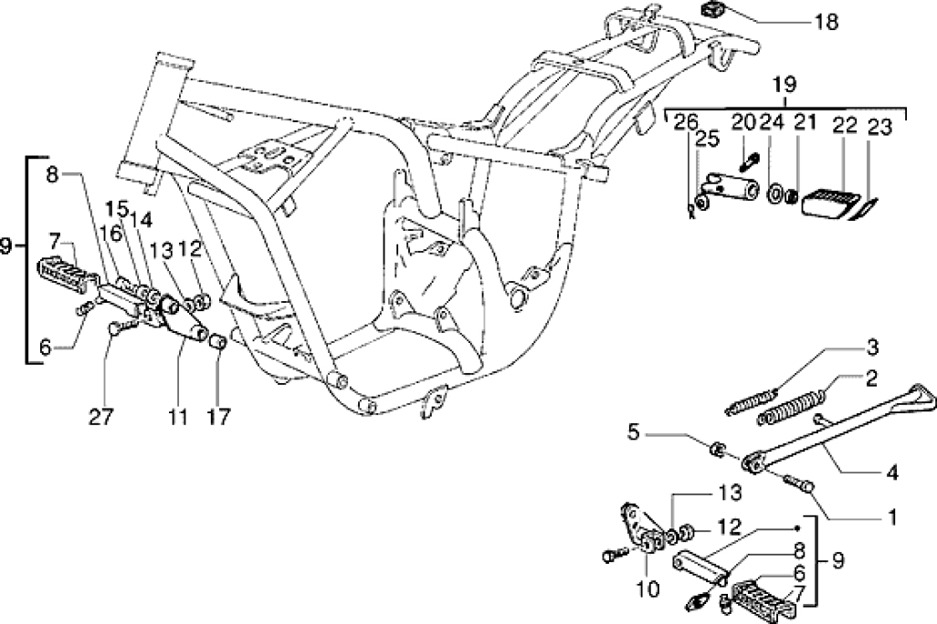T19 Rám, stupačky a boční stojan - Gilera Eaglet automat do 2005 (ZAPC09000...)