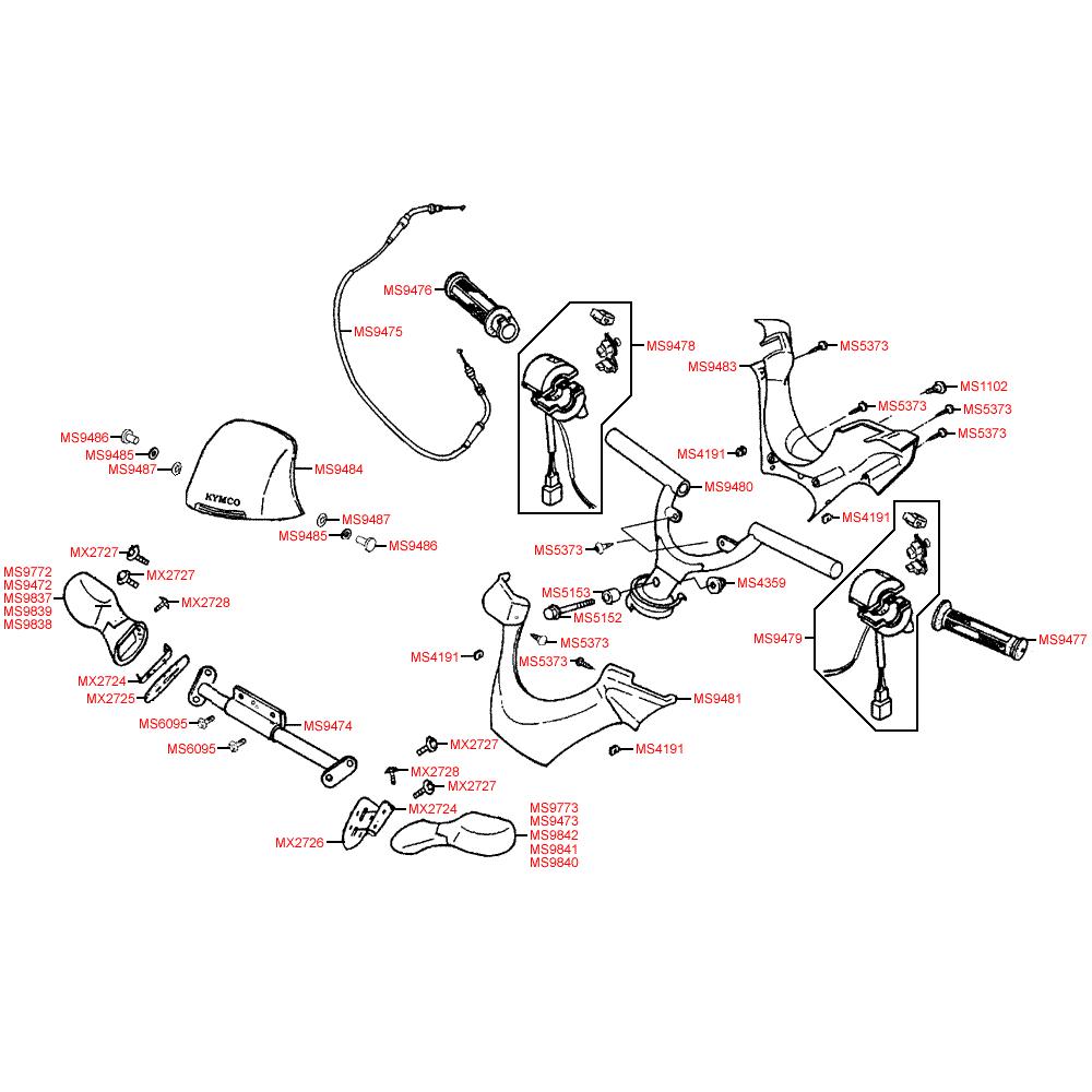 F03 Gripy, zrcátka, řidítka, ovládání a kapotáž - Kymco Yager/Spacer 125 [10 kola] SH25AA