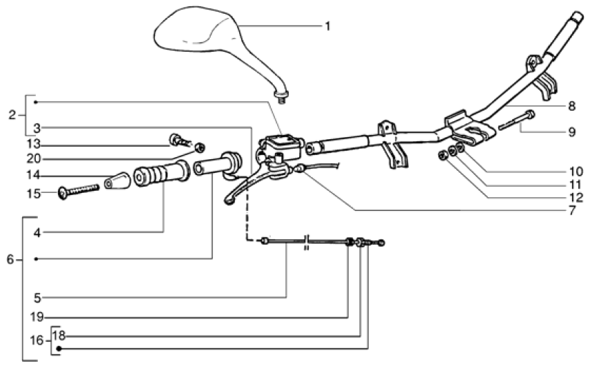 T38 Řidítka, pravá rukojeť, brzdová páčka, zrcátko - Gilera Runner VX 125 4T (ZAPM24100, ZAPM24000)