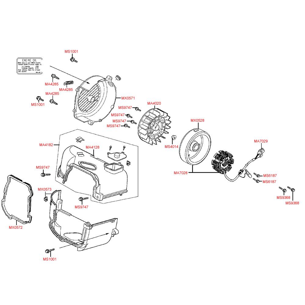 E07 Ventilátor, krycí plasty motoru a dobíjení - Kymco Like 50 4T KG10AA