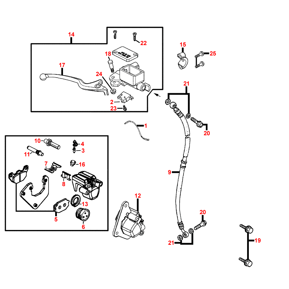 F04 Hlavní brzdový válec, brzdový třmen a brzdová hadice přední pro Kymco Super 8 50 2T [LC2U91000] (KF10CA) KF10AA