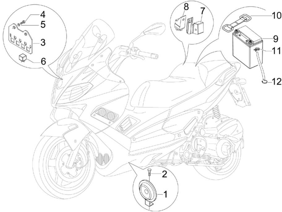 6.05 Baterie, houkačka, relé - Gilera Nexus 300ie 4T LC 2008 (ZAPM35600)