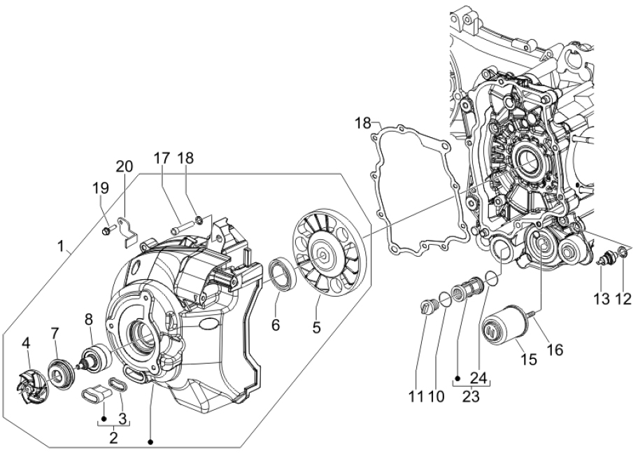 1.23 Kryt magneta dobíjení, olejový filtr - Gilera Nexus 250 4T LC 2006 UK (ZAPM35300)