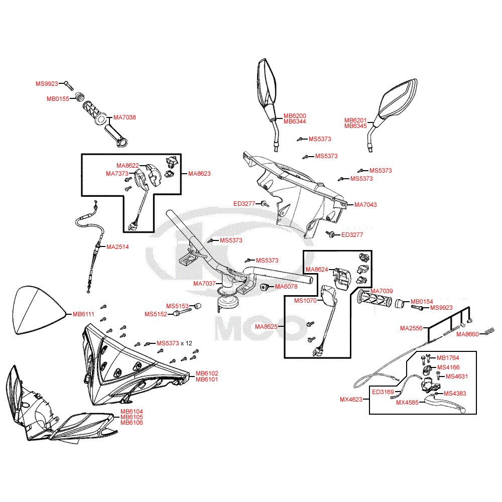 F03 Řídítka, zrcátka, bowdeny a kryt řídítek pro Kymco Super 8 125 [LC2U82000] (KL25CA) KC125T-B