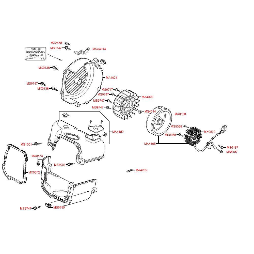 E08 Ventilátor / magneto dobíjení - Kymco Agility 50 One 4T / Agility 50 MMC 4T