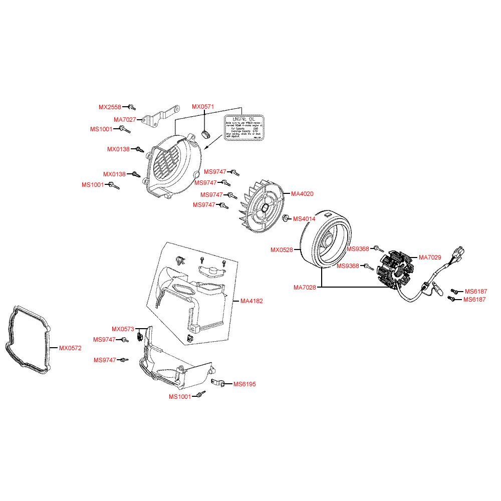 E07 Magneto dobíjení / ventilátr / kryt motoru- Kymco Super 8 50 4T