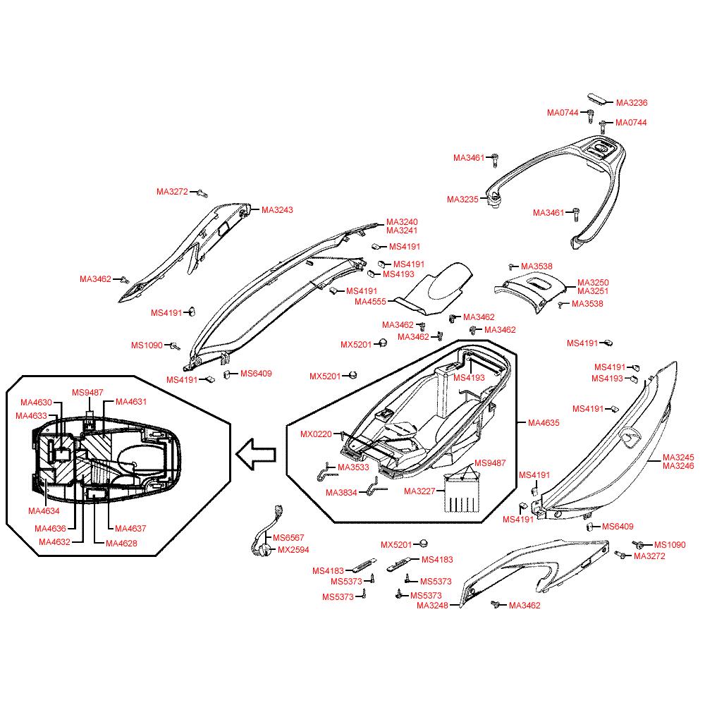 F12 Prostor pro přilbu / zadní kapotáž - Kymco Xciting 250i AFI