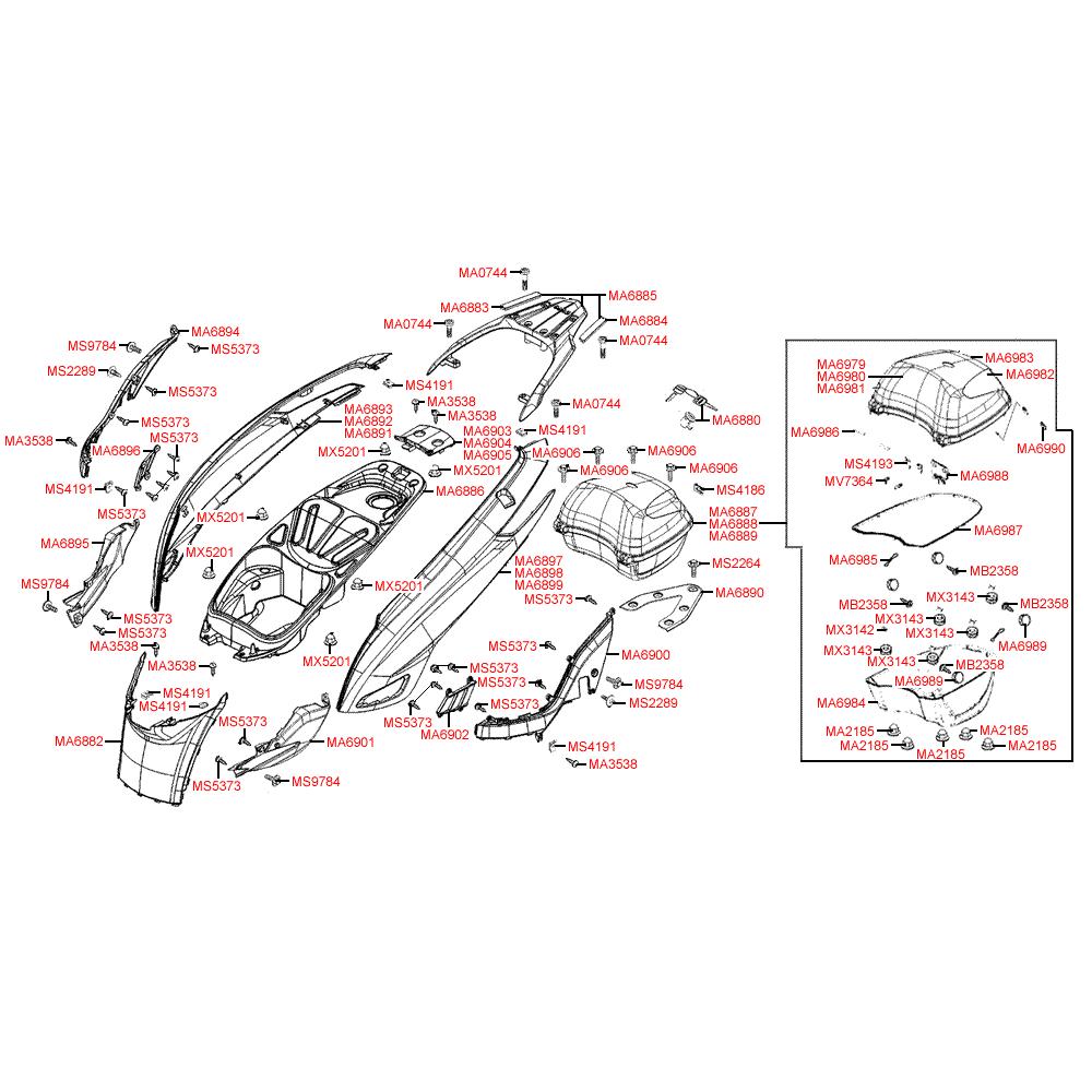 F12 Zadní kapotáž a úložný prostor pro přilbu - Kymco People GT 300i