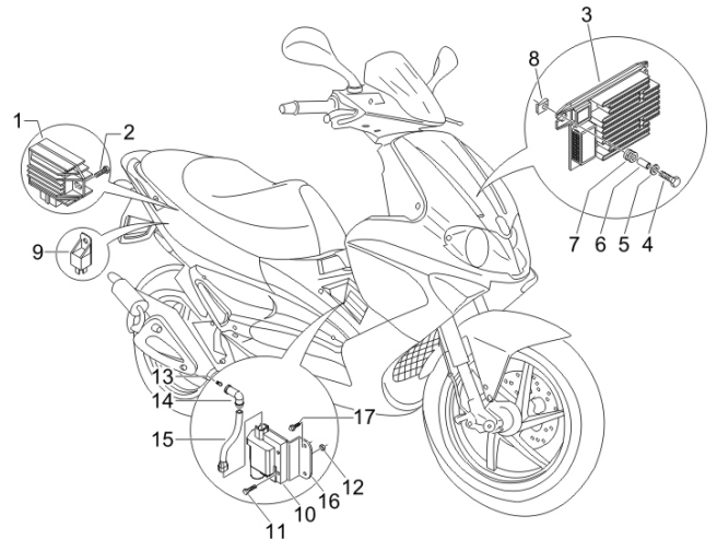 6.06 Regulátor napětí, zapalovací cívka a kabel - Gilera Runner 50 PureJet Race CH 2006 (ZAPC46200)