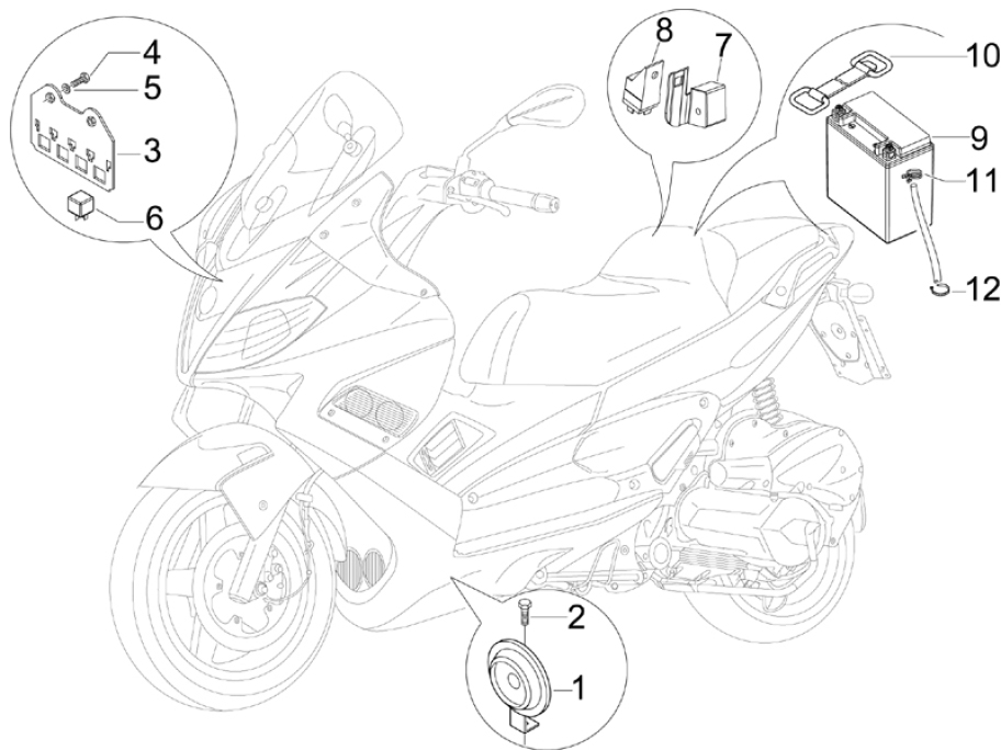 6.05 Baterie, houkačka, relé - Gilera Nexus 125ie 4T LC 2008 (ZAPM35700)