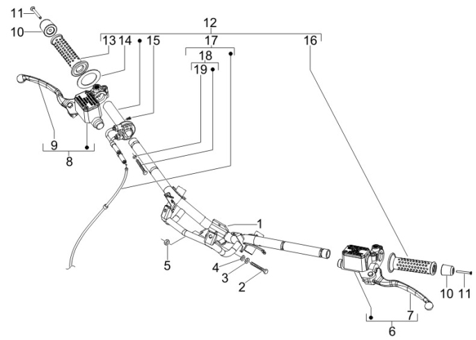 3.06 Řidítka, gripy, brzdové páčky - Gilera Runner 50 SP 2010-2012 (ZAPC46100, ZAPC46300, ZAPC4610001)