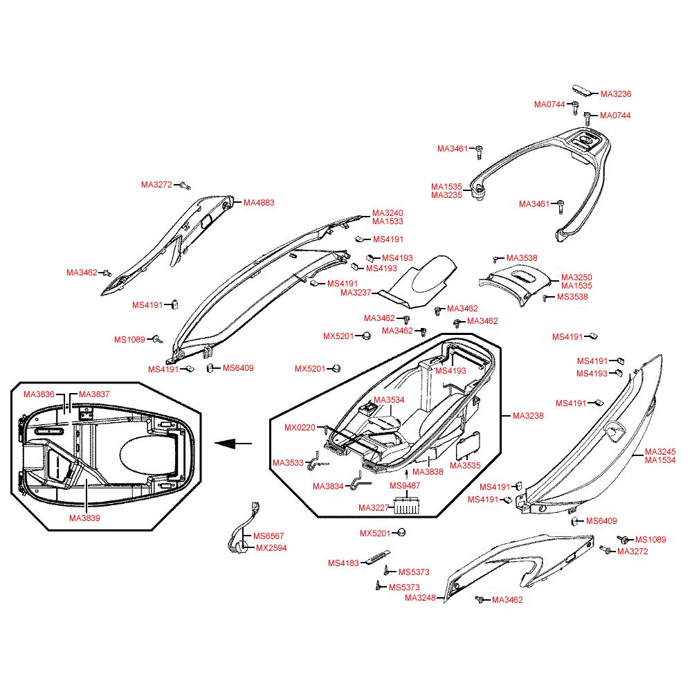 F12 Úložný prostor pro přilbu / Zadní kapotáž - Kymco Xciting 500i EVO SBA0BB