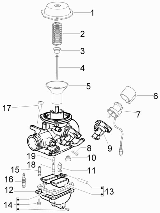 29.19 Karburátor (jednotlivé části) - Scarabeo 50 4T 4V E2 2009 (ZD4TGE00)