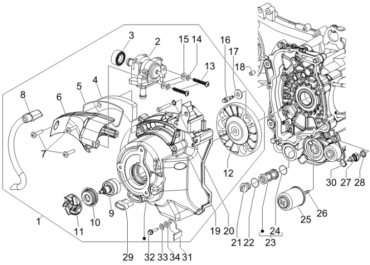 1.23 Kryt magneta dobíjení, olejový filtr - Gilera Runner 200 VXR 4T LC Race 2006 (ZAPM46400)