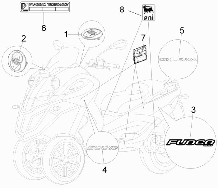 2.38 Samolepky - Gilera Fuoco 500ccm 4T-4V ie E3 LT od 2013 (ZAPM83100...)