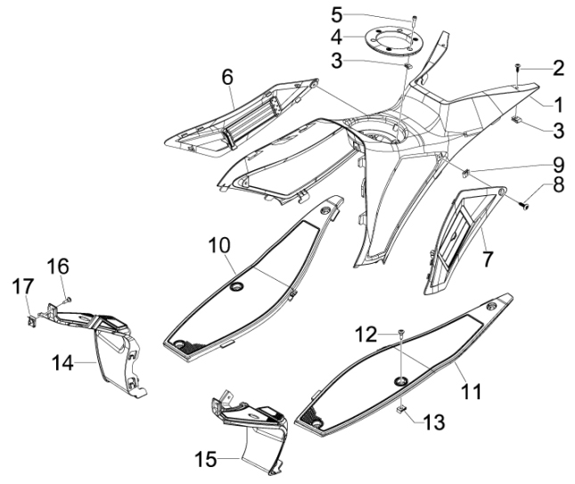 2.31 Středový plast, stupačky - Gilera Runner 50 SP 2010-2012 (ZAPC46100, ZAPC46300, ZAPC4610001)