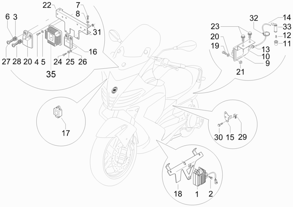 6.06 Regulátor napětí, zapalovací cívka a kabel - Gilera Nexus 500 4T LC 2009-2011 (ZAPM35200)