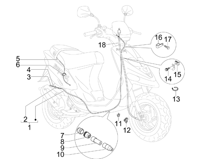 5.03 Brzdové lanko, rozdělovač, lanko plynu - Gilera Stalker 50 2T 2008-2011 (ZAPC40100, ZAPC40101)