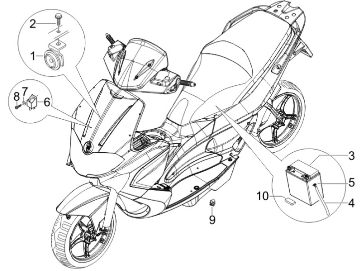 6.05 Baterie, houkačka, relé - Gilera Runner 50 SP 2010-2012 (ZAPC46100, ZAPC46300, ZAPC4610001)