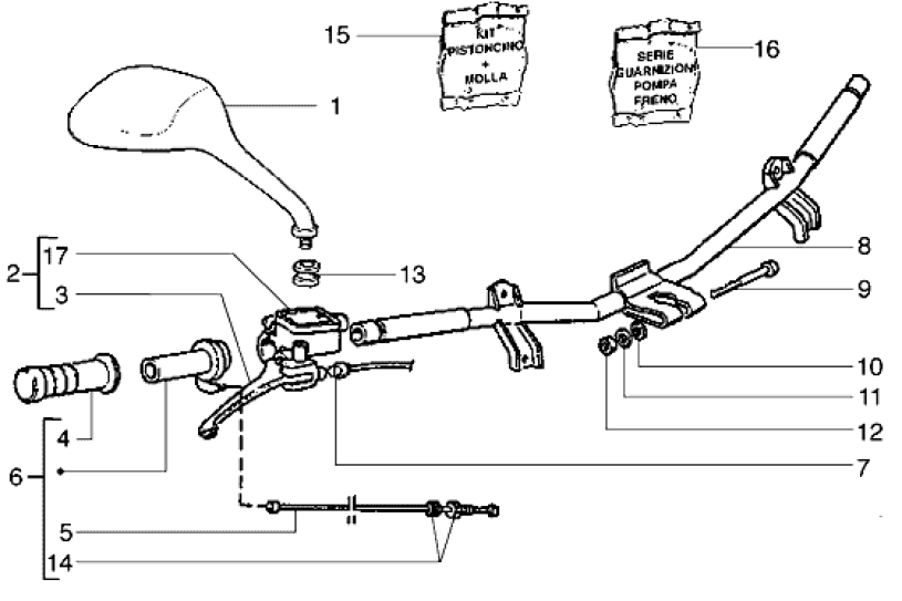 T38 Řidítka, pravá rukojeť, zrcátko, brzdová páčka - Gilera Runner 50 do roku 1999 (ZAPC14000)