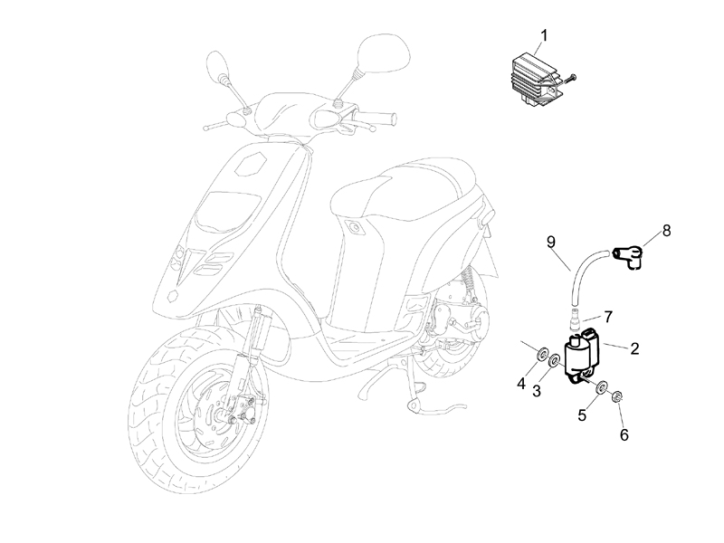 6.06 Regulátor napětí, zapalovací cívka a kabel - Gilera Storm 50 2007 (UK - ZAPC29000)