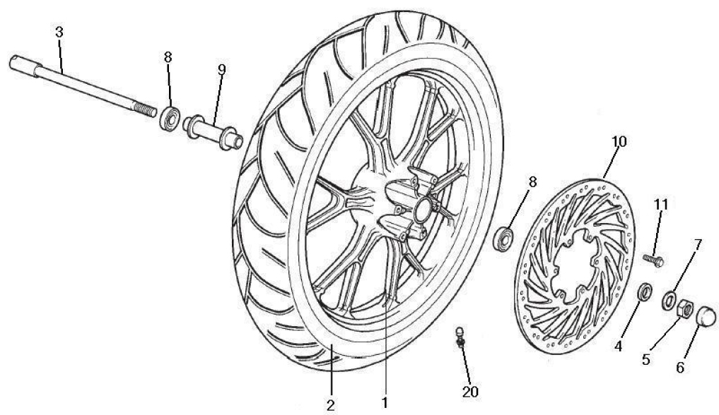 4.11 Přední kolo a brzdový kotouč - Gilera SC 125 2006 (6H332629, VTHGS1A1A, VTHGS1A1B)